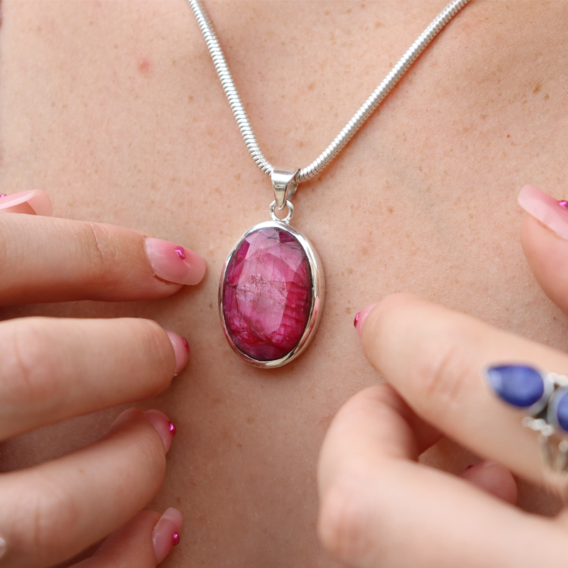ruby quartz sterling silver oval gemstone pendant