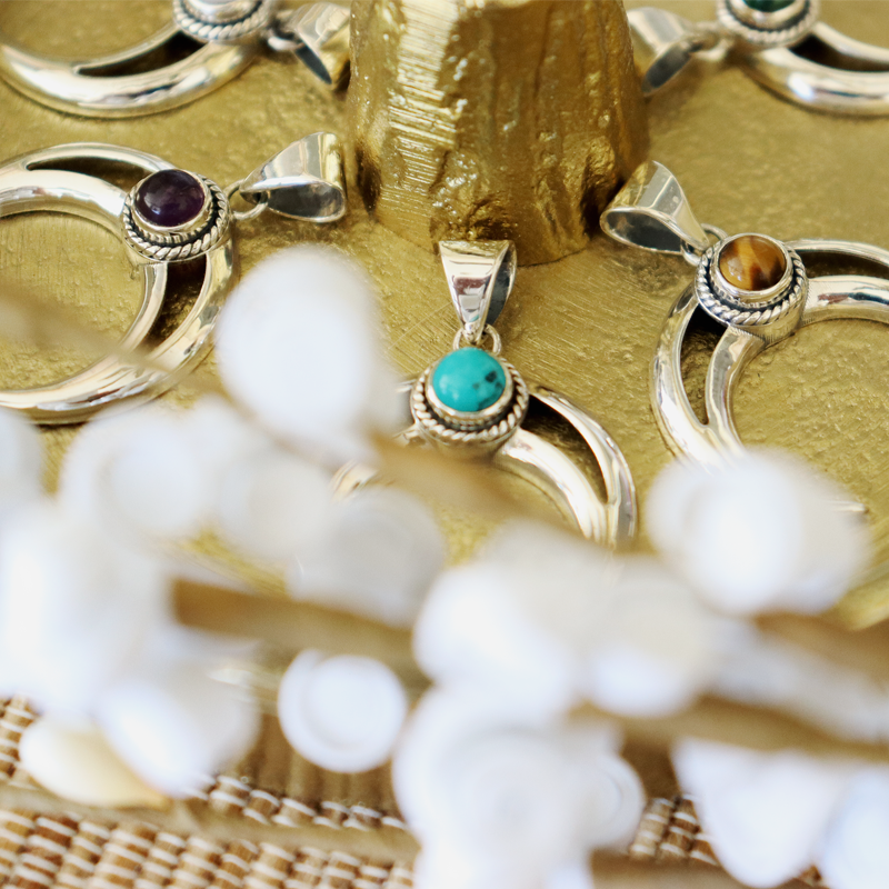 turquoise moon shaped sterling silver gemstone pendant