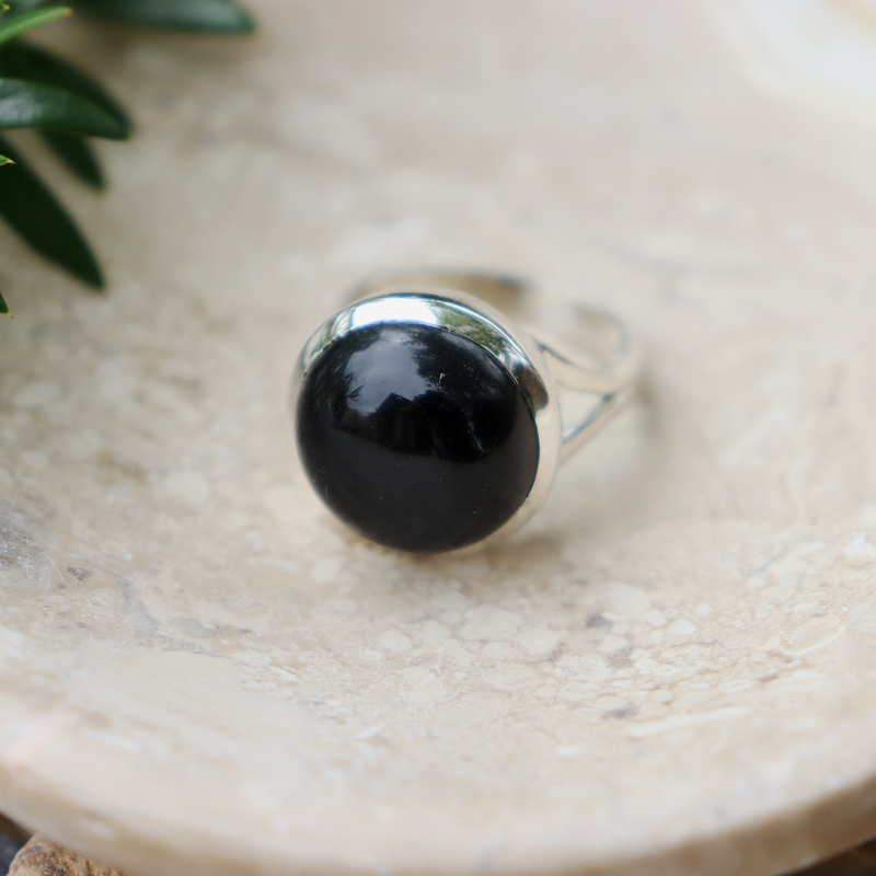 round black onyx sterling silver ring