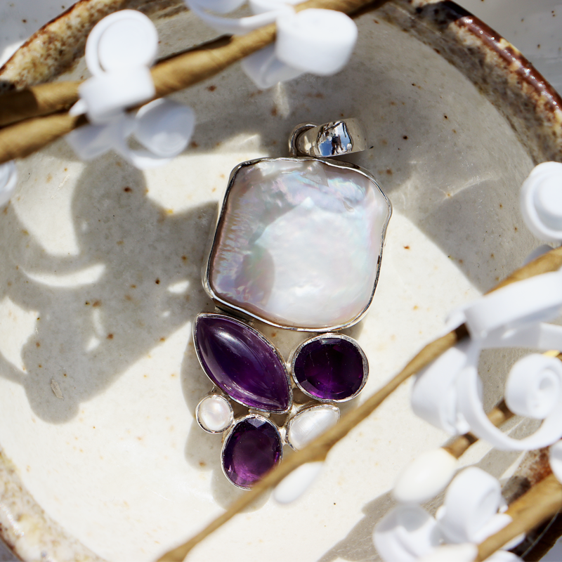 biwa pearl amethyst sterling silver gemstone pendant