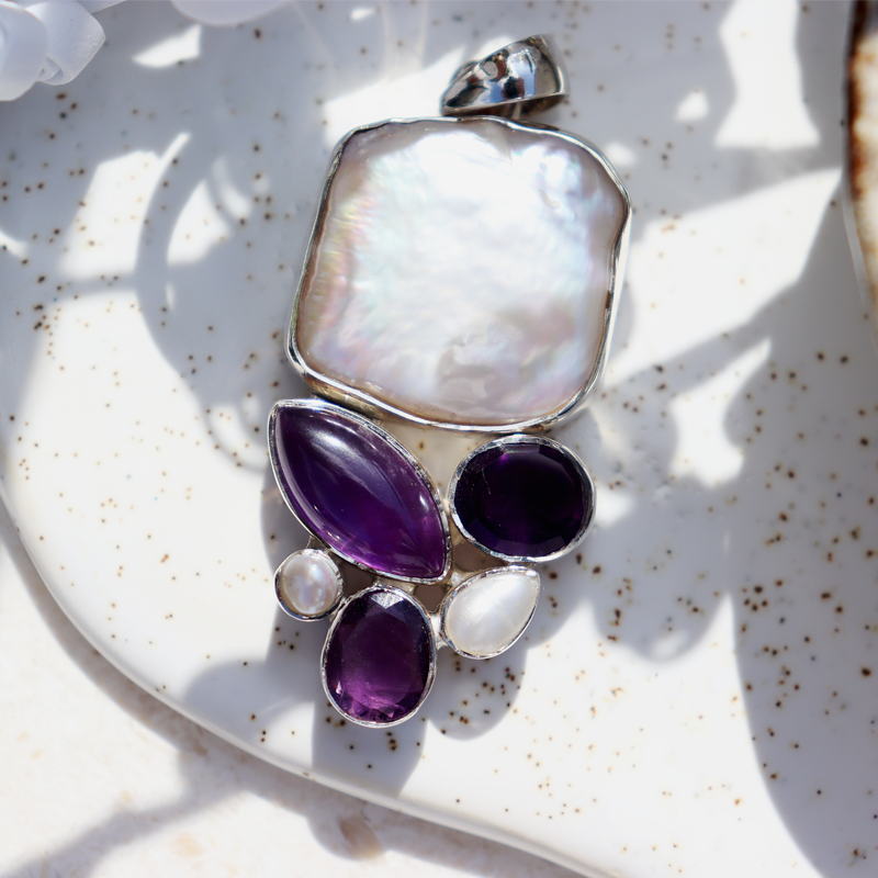 biwa pearl amethyst sterling silver gemstone pendant