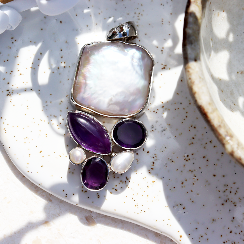 biwa pearl amethyst sterling silver gemstone pendant