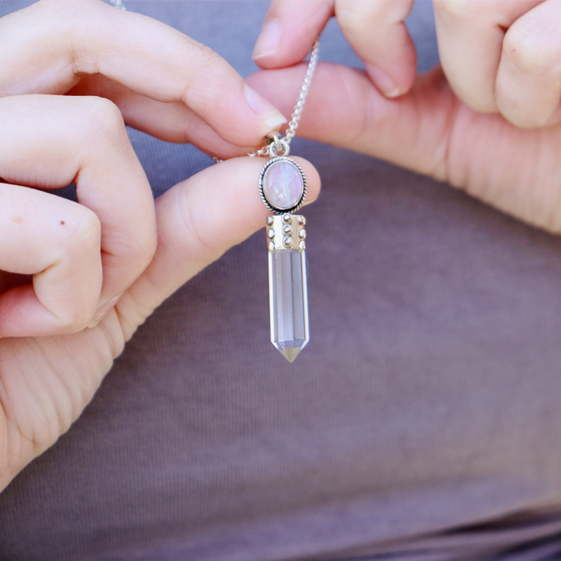 moonstone clear quartz sterling silver pendant