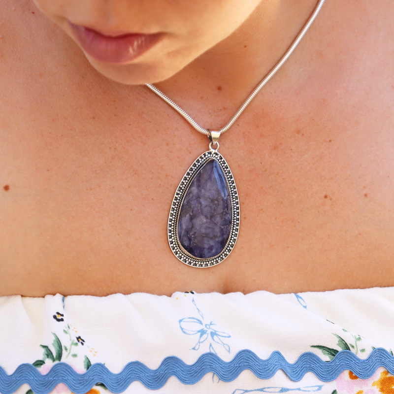 large sapphire quartz sterling silver gemstone pendant