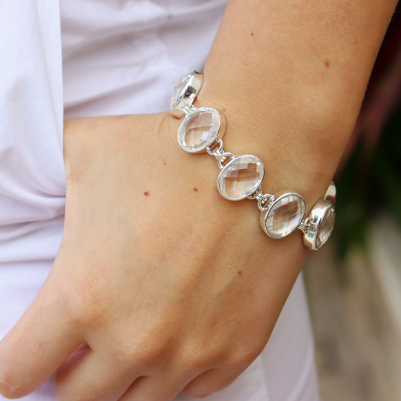 clear quartz silver oval gemstone bracelet