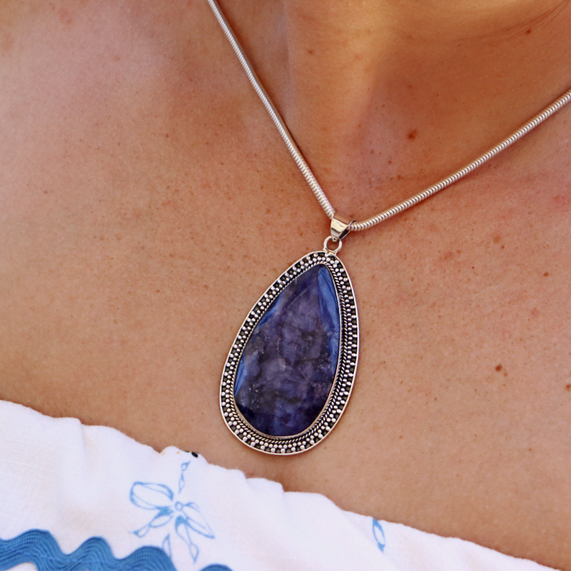 large sapphire quartz sterling silver gemstone pendant