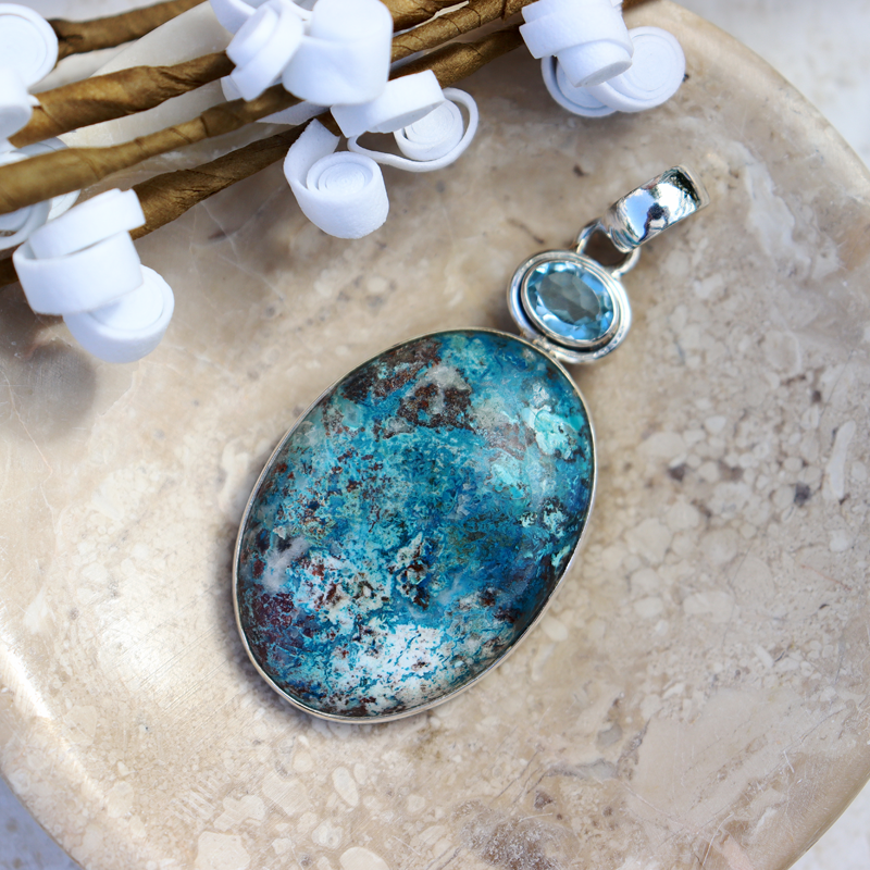 shattuckite blue topaz sterling silver gemstone pendant
