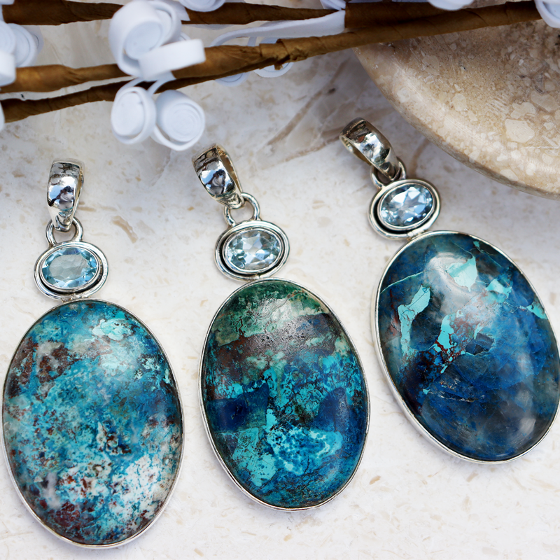shattuckite blue topaz sterling silver pendant