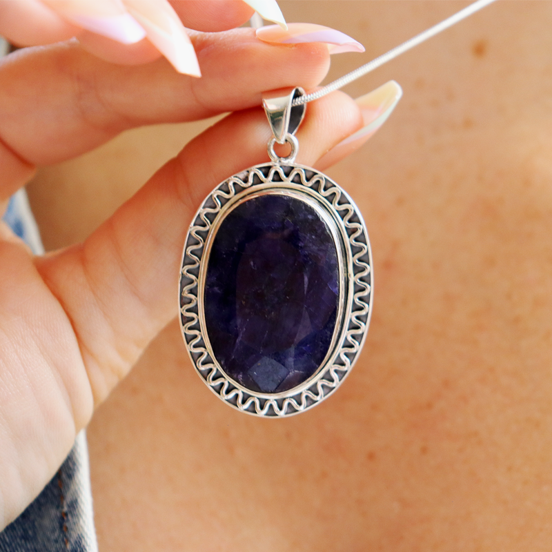 large oval sapphire quartz sterling silver gemstone pendant
