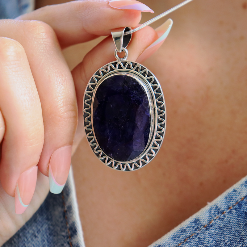 large oval sapphire quartz sterling silver gemstone pendant