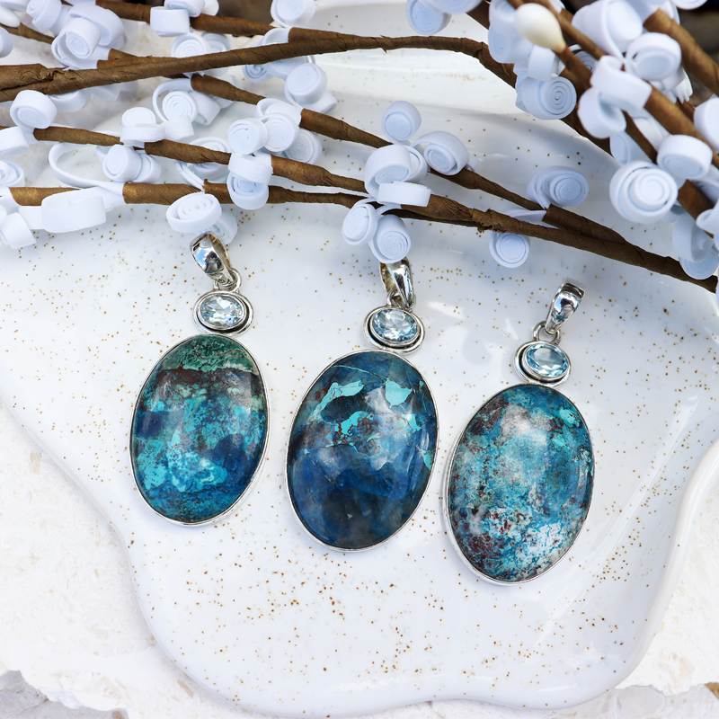 shattuckite blue topaz sterling silver gemstone pendant