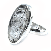 black rutilated quartz silver gemstone ring