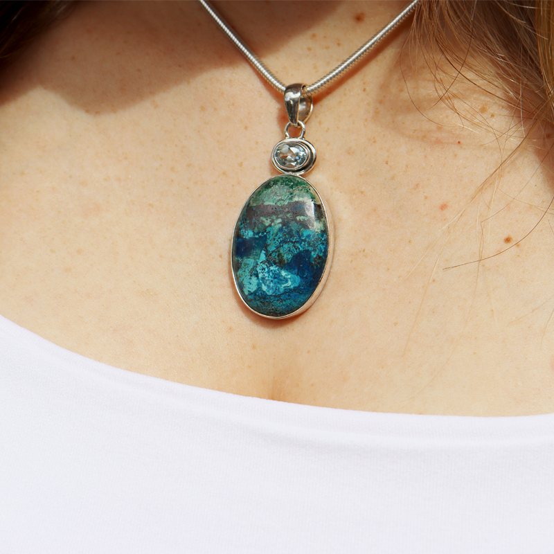 shattuckite blue topaz sterling silver pendant