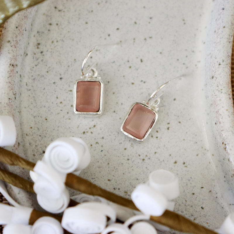 rose quartz emerald cut sterling silver gemstone earrings