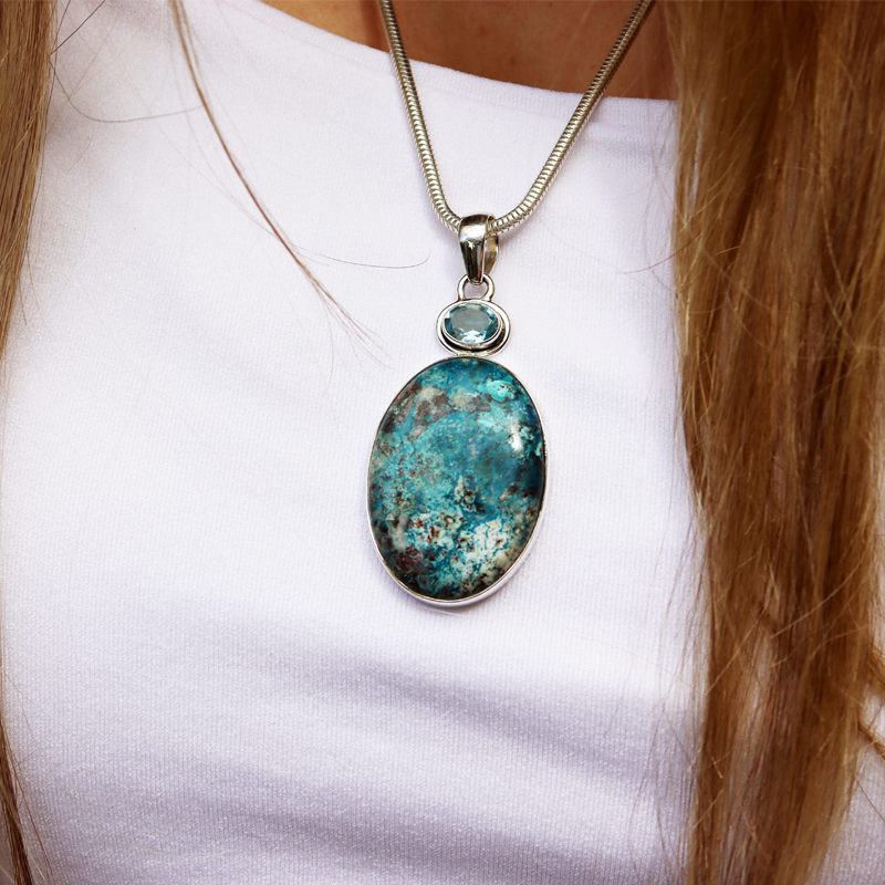 shattuckite blue topaz sterling silver gemstone pendant