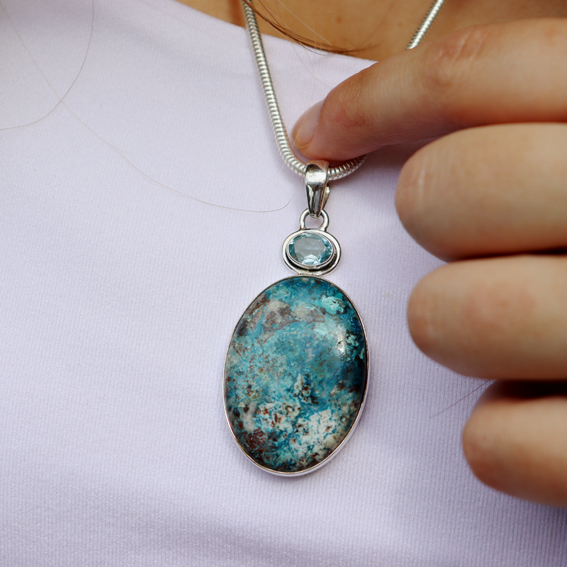 shattuckite blue topaz sterling silver gemstone pendant