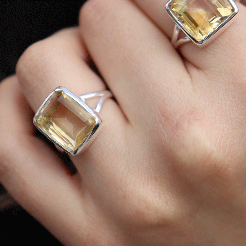 emerald cut sterling silver citrine gemstone ring