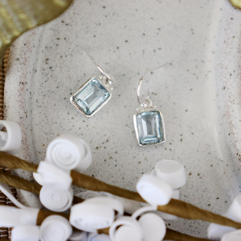 blue topaz emerald cut sterling silver earrings