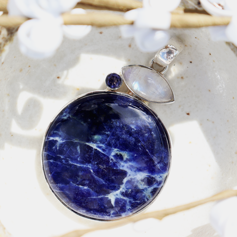 sodalite moonstone amethyst sterling silver gemstone pendant
