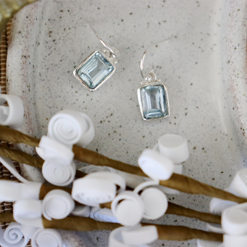 blue topaz emerald cut sterling silver earrings