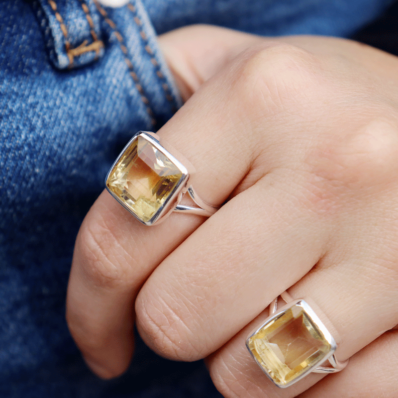 emerald cut sterling silver citrine gemstone ring