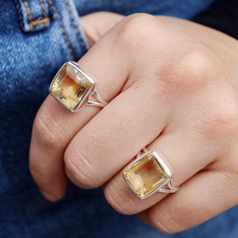 emerald cut sterling silver citrine gemstone ring