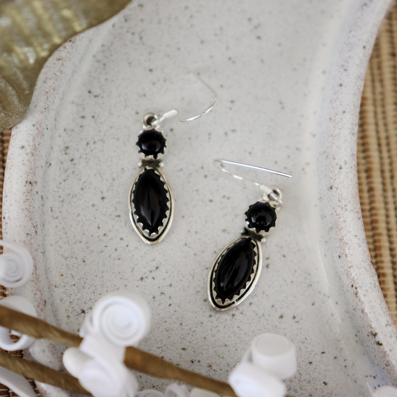 black onyx sterling silver gemstone drop earrings