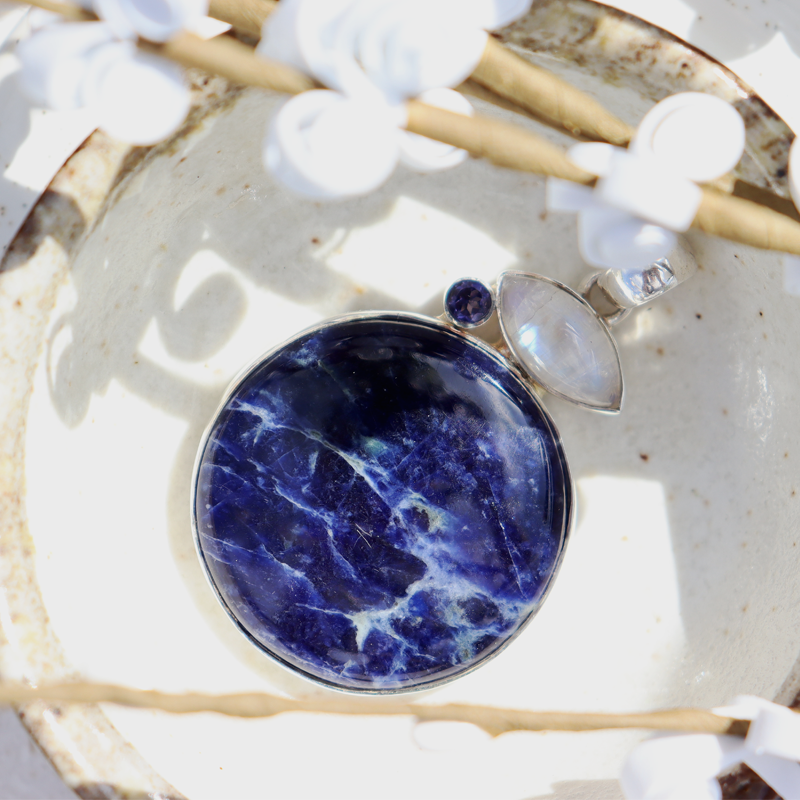 sodalite moonstone amethyst sterling silver gemstone pendant