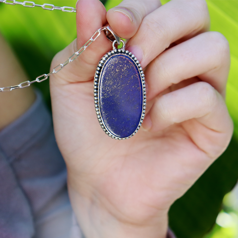 lapis lazuli oval large sterling silver gemstone pendant