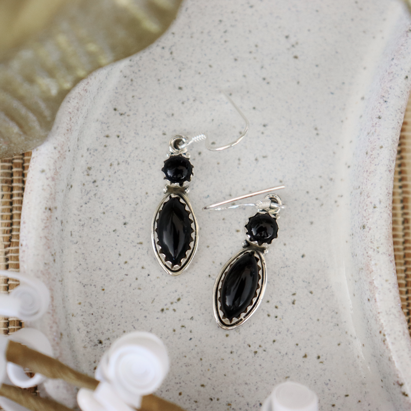 black onyx sterling silver gemstone drop earrings