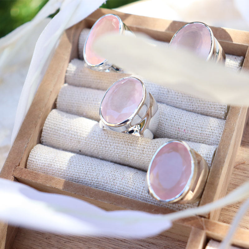 large rose quartz sterling silver gemstone ring