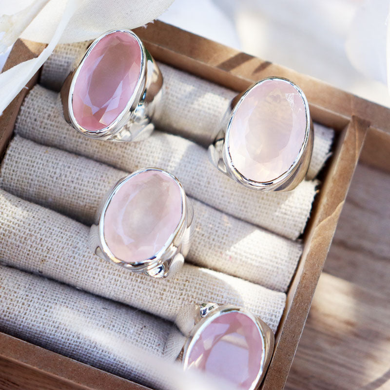 large rose quartz sterling silver gemstone ring