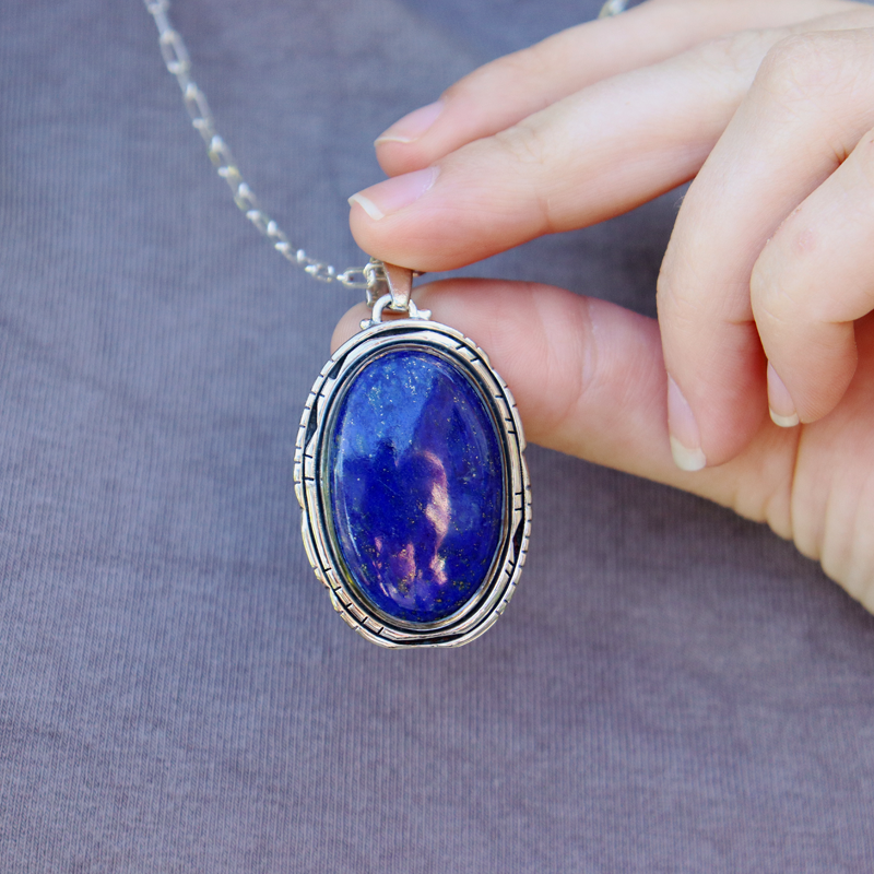 large oval lapis lazuli sterling silver pendant