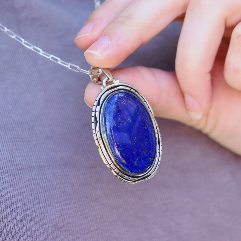 large oval lapis lazuli sterling silver pendant