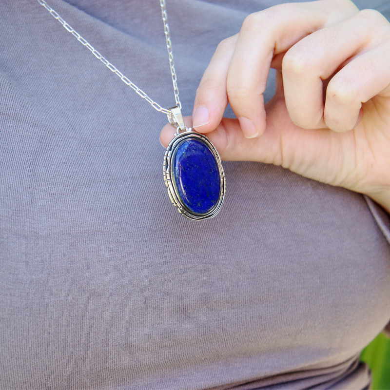 large oval lapis lazuli sterling silver pendant
