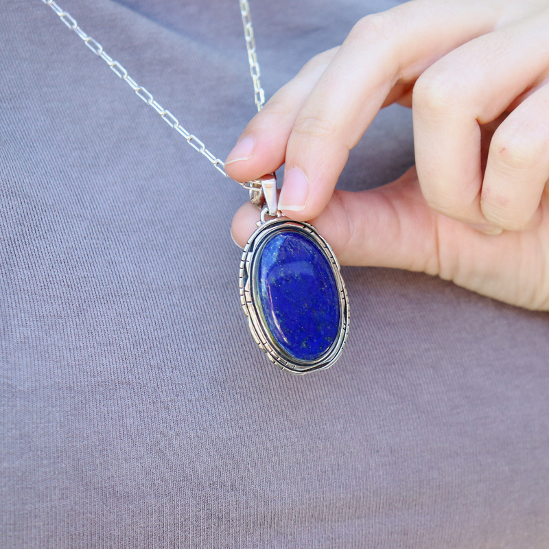 large oval lapis lazuli sterling silver pendant