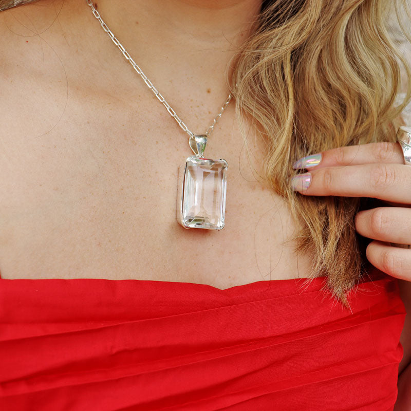 big statement clear quartz emerald cut serling silver pendant