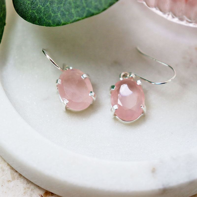 rose quartz silver gemstone oval earrings