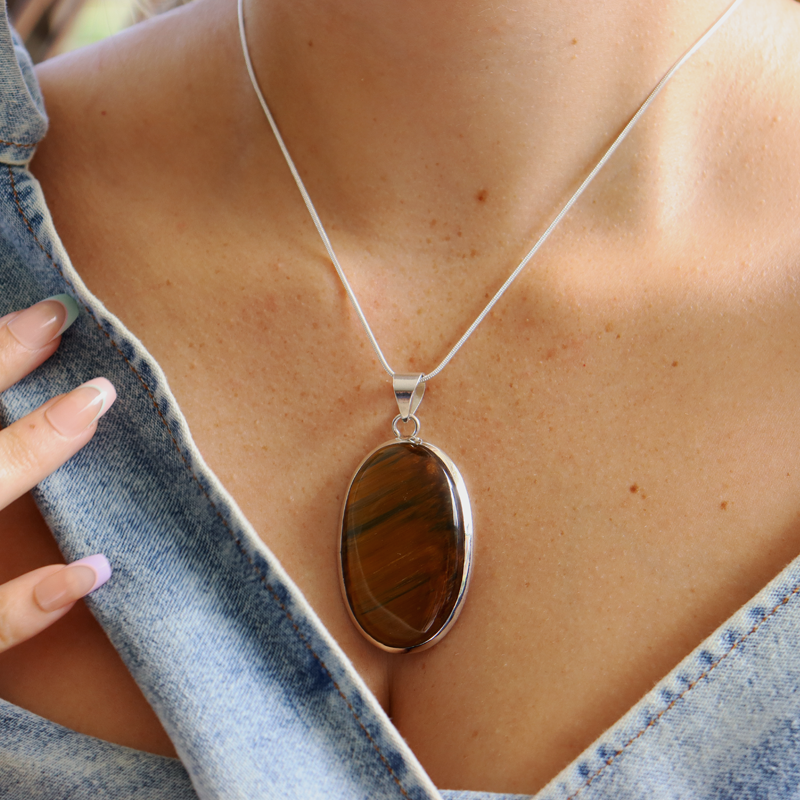 tigers eye oval sterling silver gemstone pendant