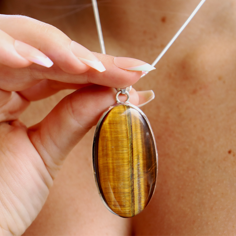 tigers eye oval sterling silver gemstone pendant