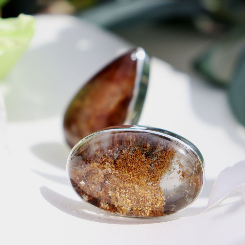 large oval garden quartz silver gemstone ring
