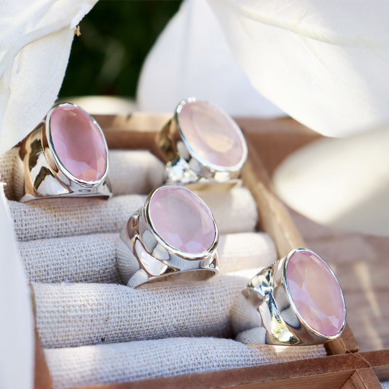 large rose quartz sterling silver gemstone ring