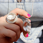 clear quartz oval silver gemstone pendant