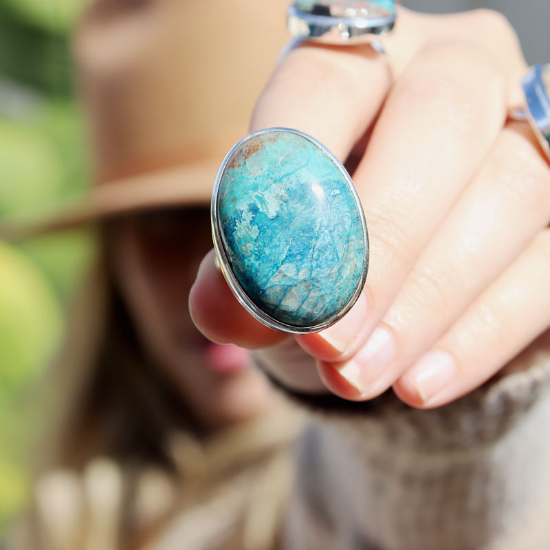 shattuckite oval silver gemstone ring