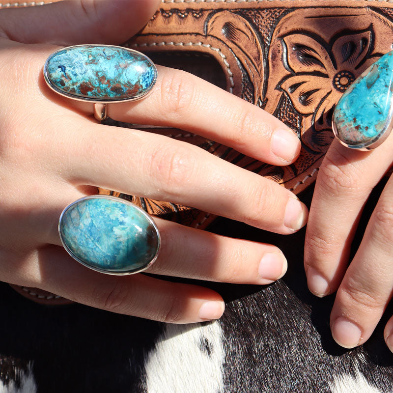 shattuckite oval silver gemstone ring