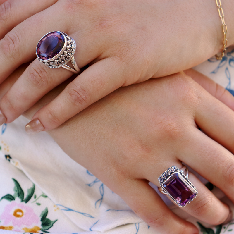 emerald cut amethyst sterling silver gemstone ring