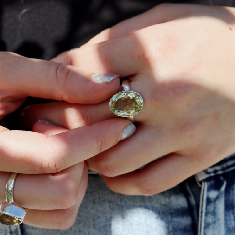 lemon quartz oval silver gemstone ring