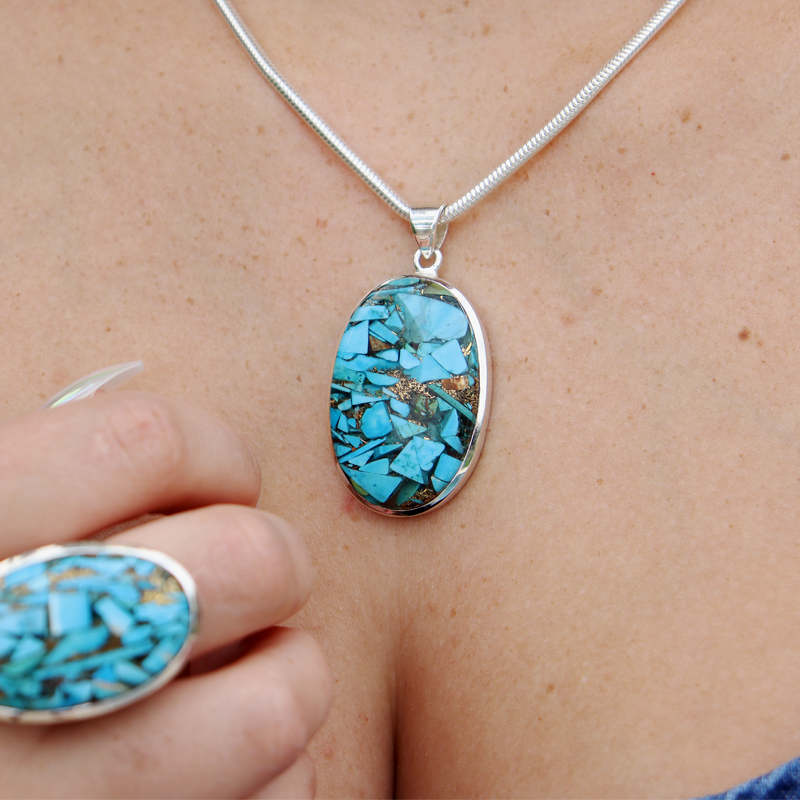 oval copper turquoise sterling silver gemstone pendant