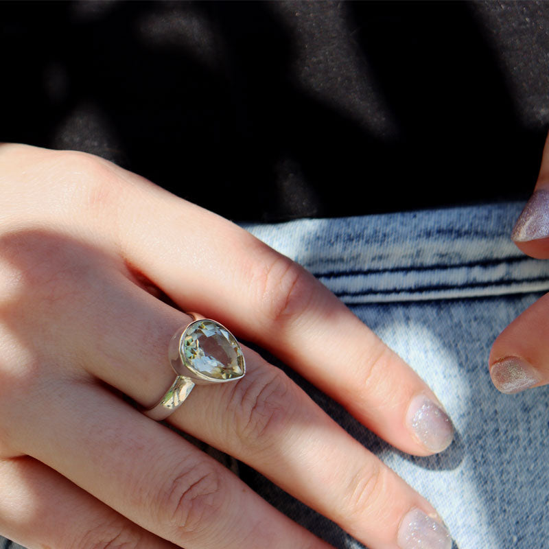 lemon quartz teardrop silver gemstone ring