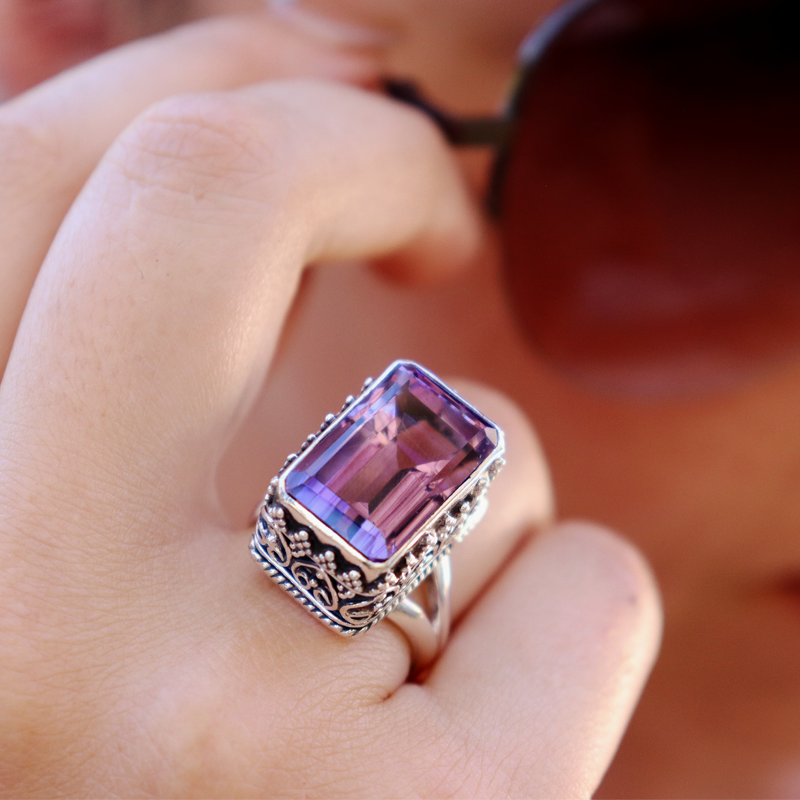 emerald cut amethyst sterling silver gemstone ring
